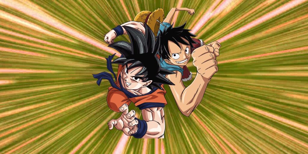 Dragon Ball Z and One Piece's main characters Luffy and Goku seen smiling and back to back as they charge towards the camera with rays of orange light surrounding them.