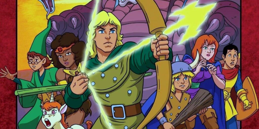 The characters from the 1980s Dungeons & Dragons cartoon strike heroic poses.