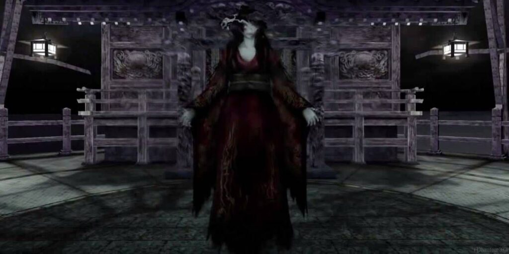 Fatal Frame: Mask of the Lunar Eclipse Remaster Final Boss Sakuya that Players Fight in Cage Near a Shrine at End of Game