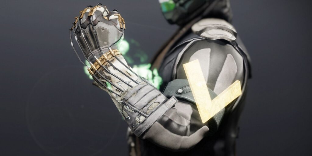 An in-game screenshot of a Destiny 2 Warlock using the Necrotic Grip Exotic Armor Arm piece. It emanates a foul green mist from it.