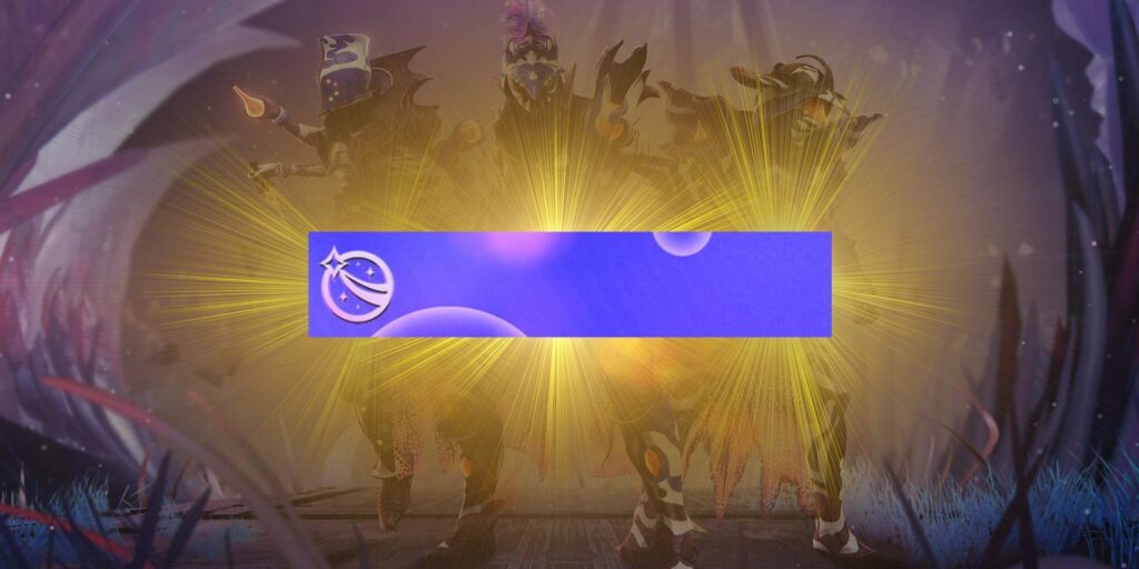 Destiny 2's Falling Stars emblem with yellow light behind it, superimposed on an image of Guardians wearing the Root of Nightmares armor set.