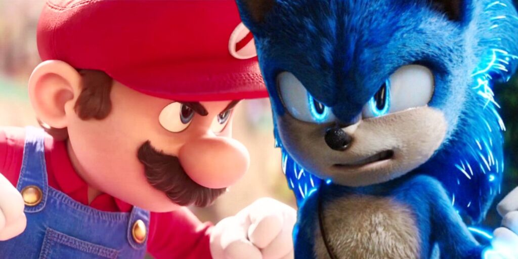 Sonic the Hedghog with his fist up in Sonic 2 and Mario in the Super Mario Mobie