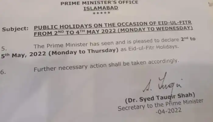 eid ul fitr holidays notification