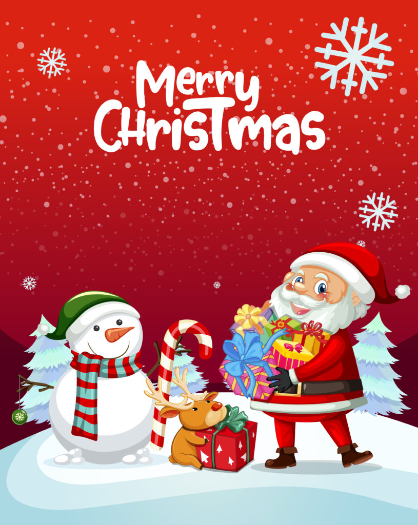 merry christmas poster design with santa claus and snowman