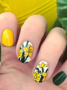 green and yellow daffodil nail art 265x353 1