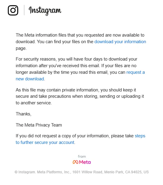 download instagram data email from meta