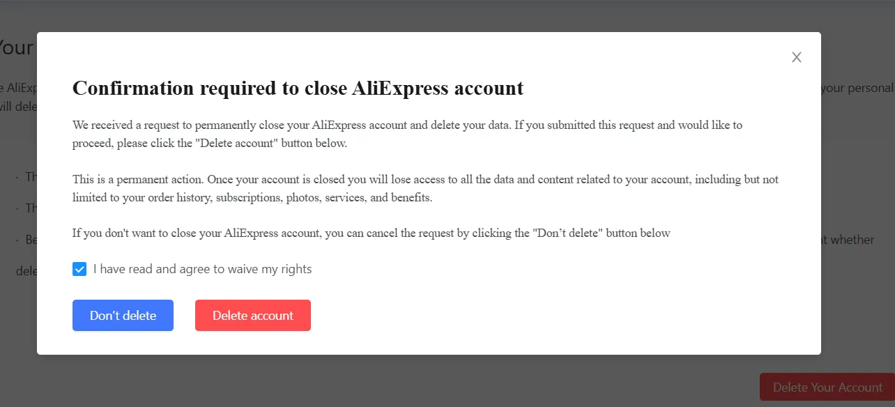 delete account aliexpress option