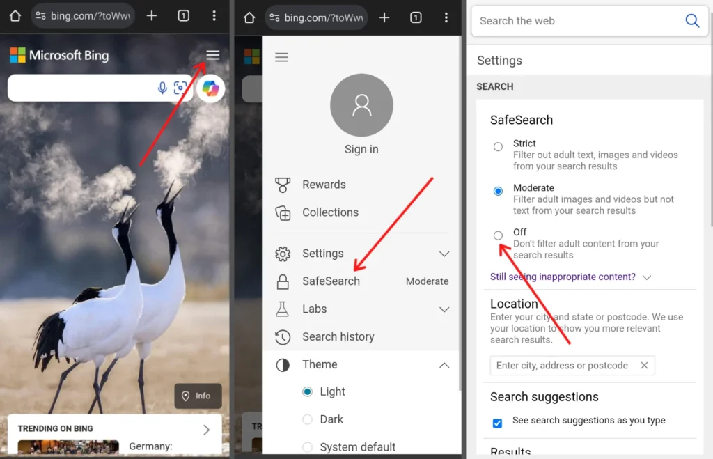 how to turn off safesearch on bing mobile