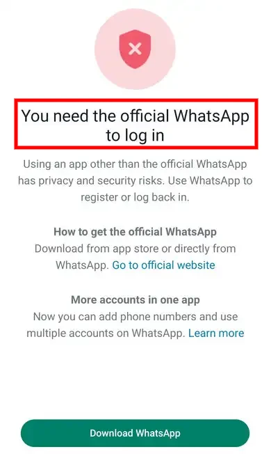 you need the official whatsapp to log in error fixes