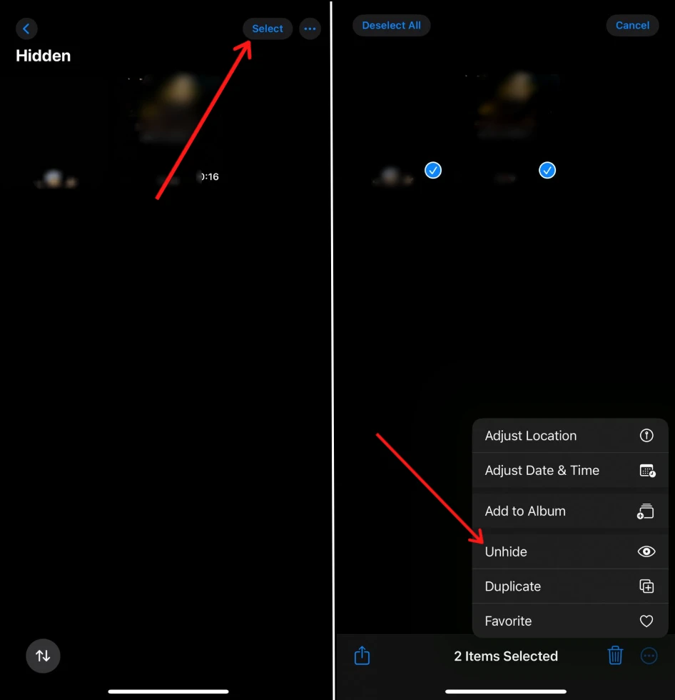unhide photos on iphone
