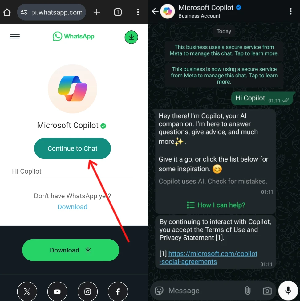 use capilot on whatsapp via link
