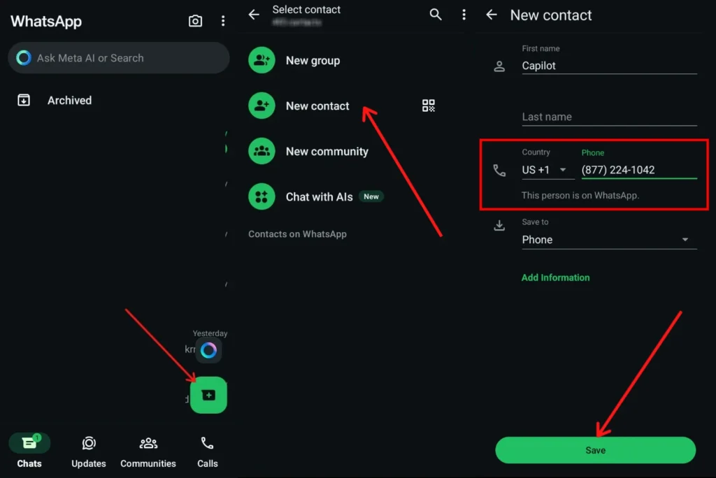 use capilot on whatsapp via number