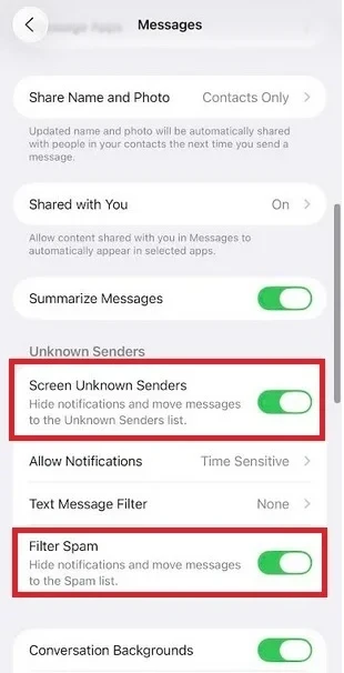 ios 26 blocks spam and unknown senders in messages app 1