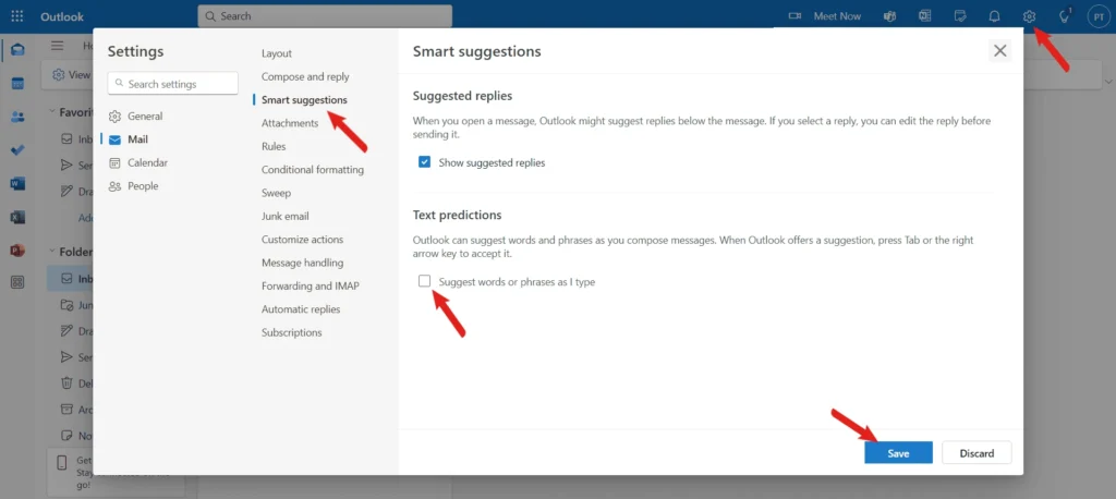 turn off text prediction outlook new interface