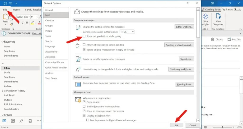 turn off text prediction outlook old interface