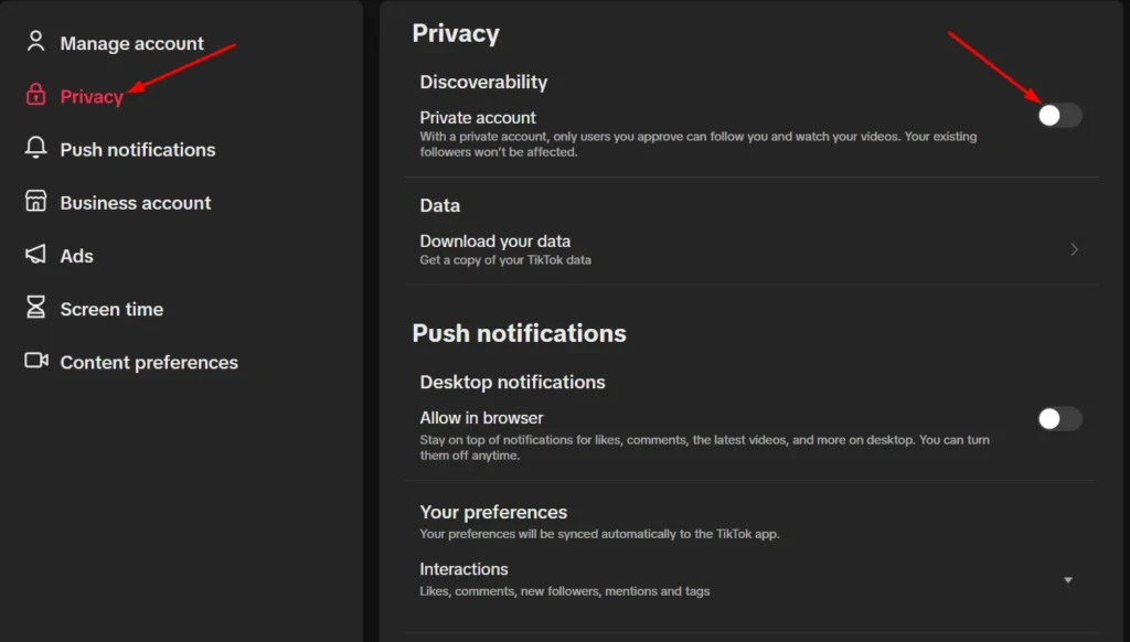 how to make your tiktok account private desktop