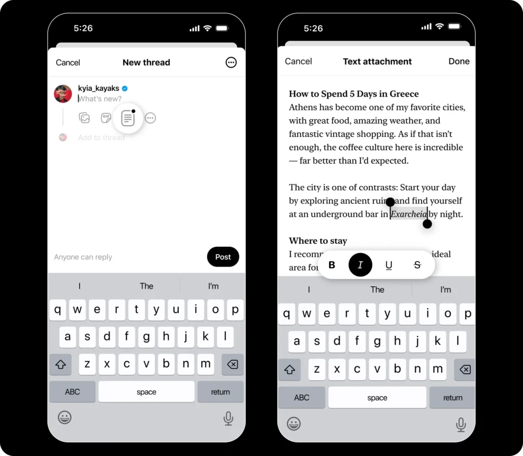 how to use the text attachment feature threads