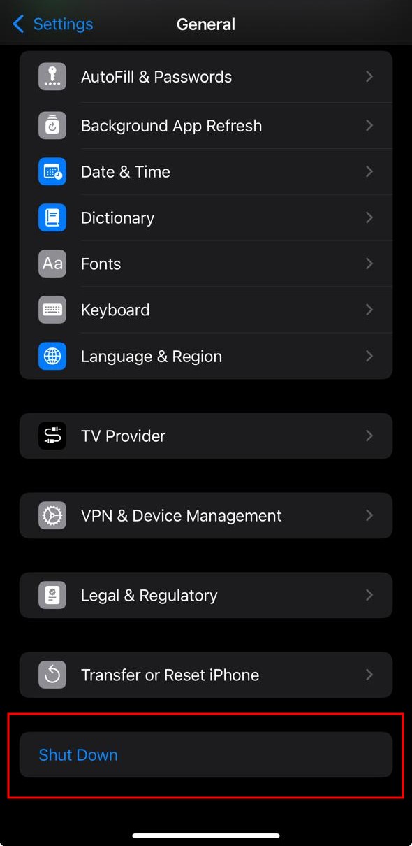 shut down from general iphone settings app