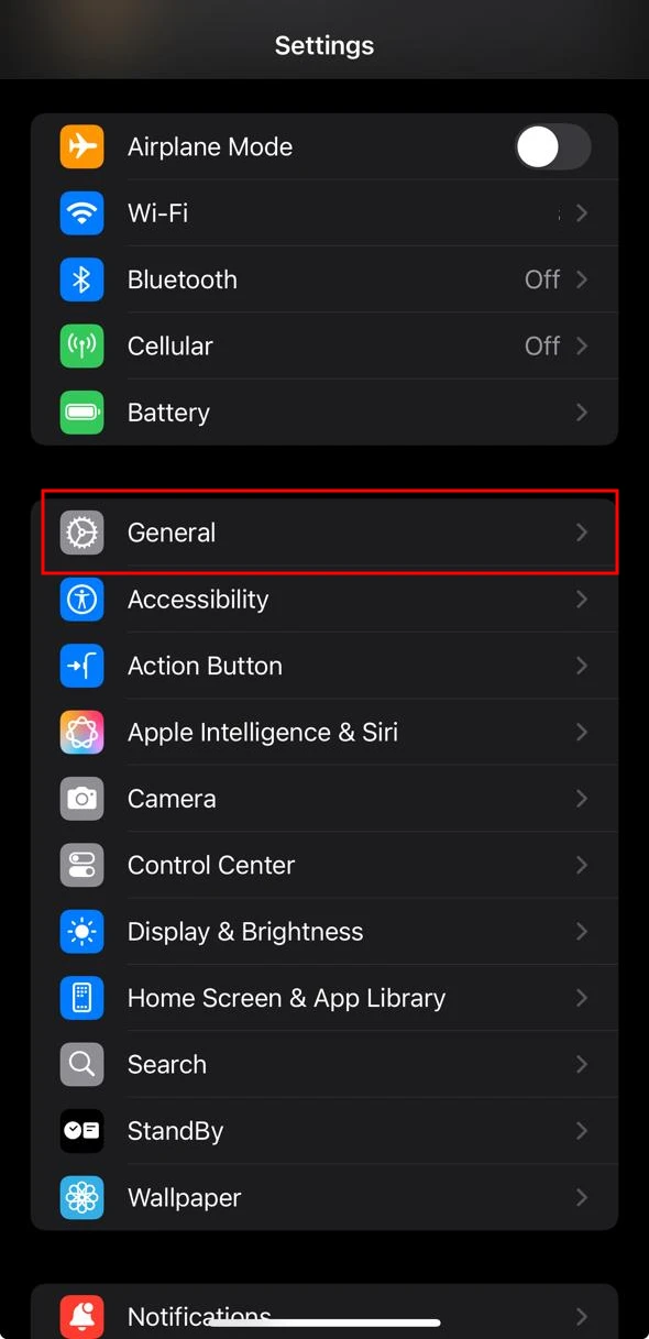 tap general iphone settings app