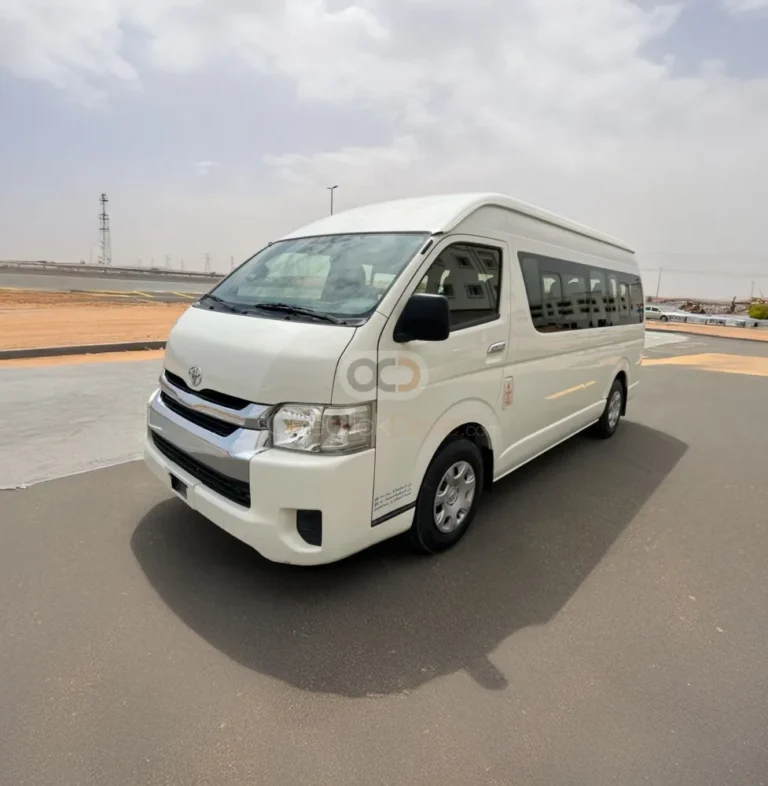 A white Toyota Hiace van, an excellent choice for affordable van rental in Dubai. Ideal for group travel, airport transfers, or commercial use in the UAE.