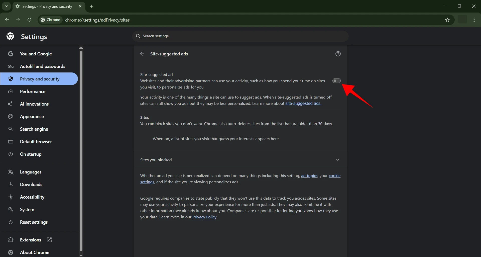 how to turn off site suggested ads chrome 4