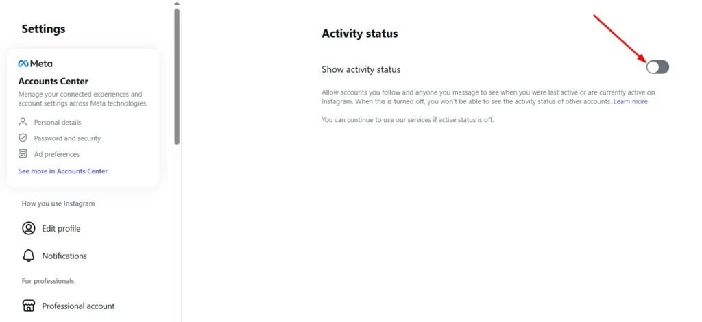turn off active status on instagram web