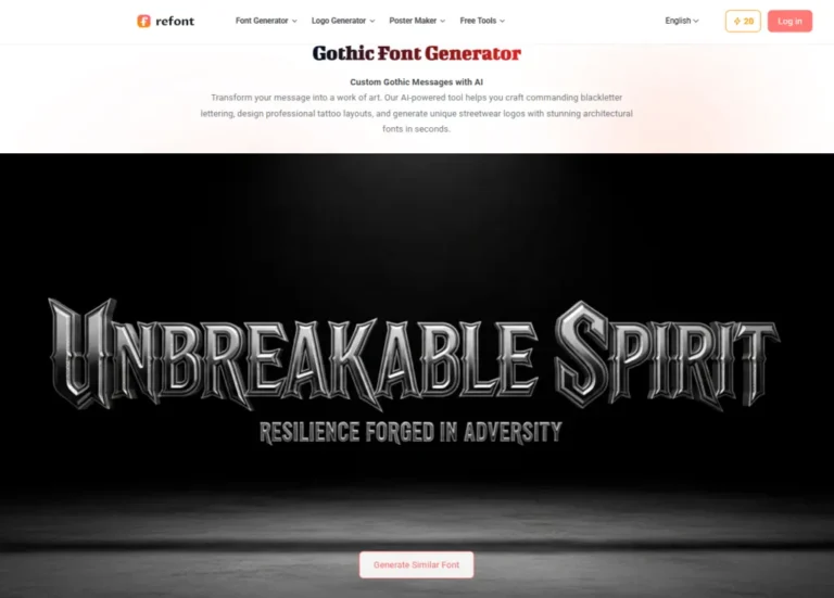 Refont Gothic Font Generator homepage featuring a metallic 3D blackletter "UNBREAKABLE SPIRIT" logo design