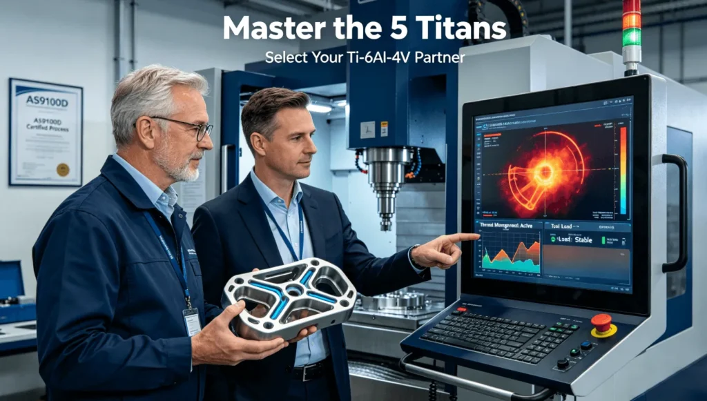 5 Factors for Engineers to Select a Grade 5 Titanium CNC Partner and Avoid Costly Frame Failures Aerospace manufacturing leaders evaluate a complex thin-walled titanium frame on a 5-axis CNC with live thermal and force data, symbolizing mastery over titanium's machining challenges to prevent part failure.