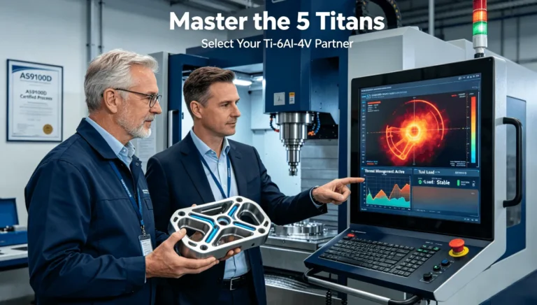 Aerospace manufacturing leaders evaluate a complex thin-walled titanium frame on a 5-axis CNC with live thermal and force data, symbolizing mastery over titanium's machining challenges to prevent part failure.