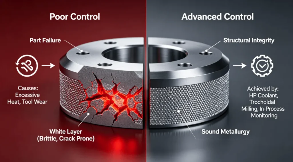 3D cross-section infographic comparing the brittle, failure-prone "white layer" subsurface damage caused by poor titanium machining (left) with the sound metallurgy preserved by advanced process control (right), as detailed in sections on thermal management and tool path strategies.