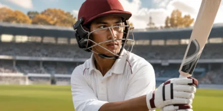 Cricket player in batting gear stands ready on the field