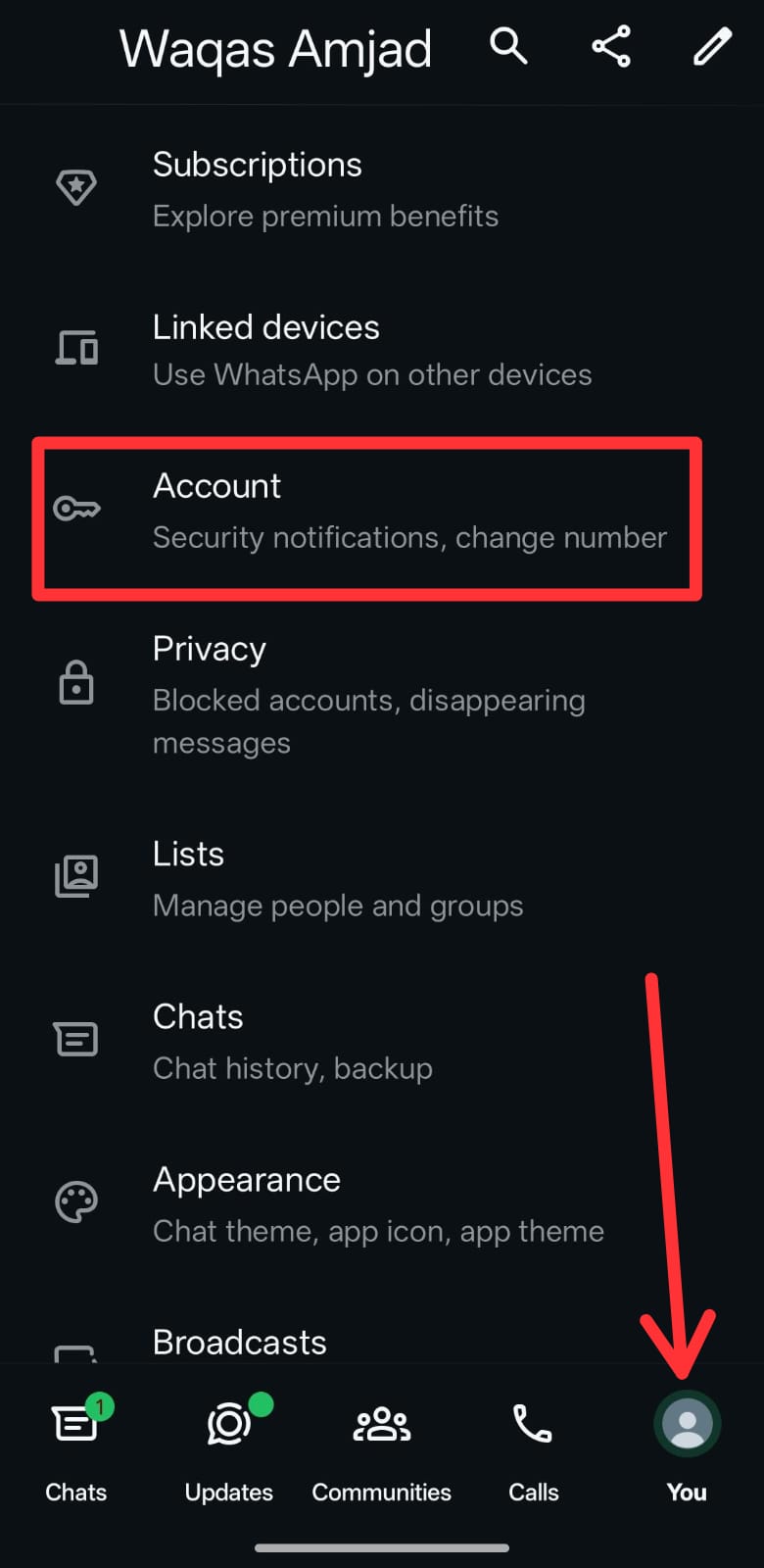 whatsapp-username-setup: open account-setting